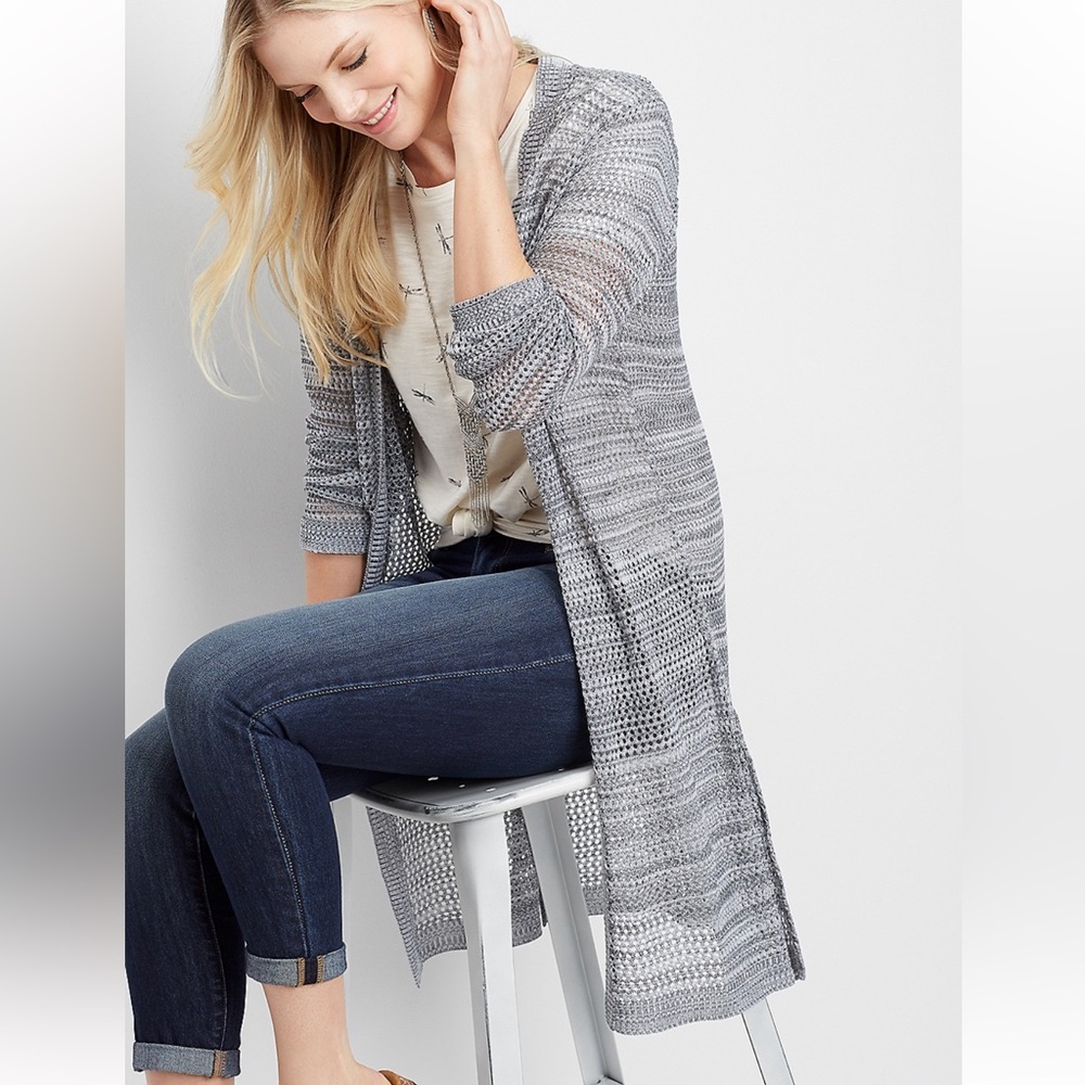 Maurices Open Stitch Weave Knit Duster Cardigan Sweater Smoke Gray Medium
